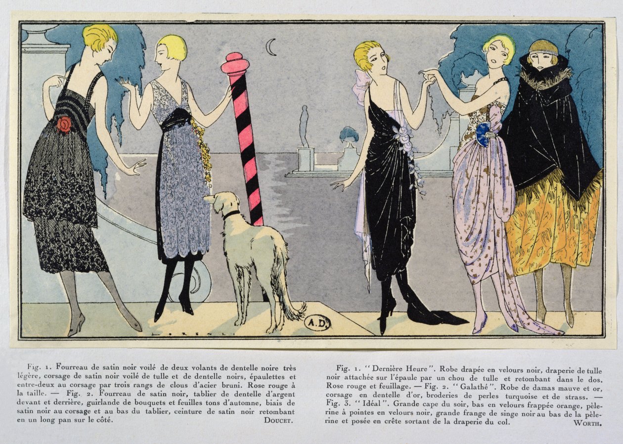Desenhos de moda de Jacques Doucet (1853-1929) e a Casa de Valor de Les Elegances Parisiennes, inverno de 1920-21 de French School