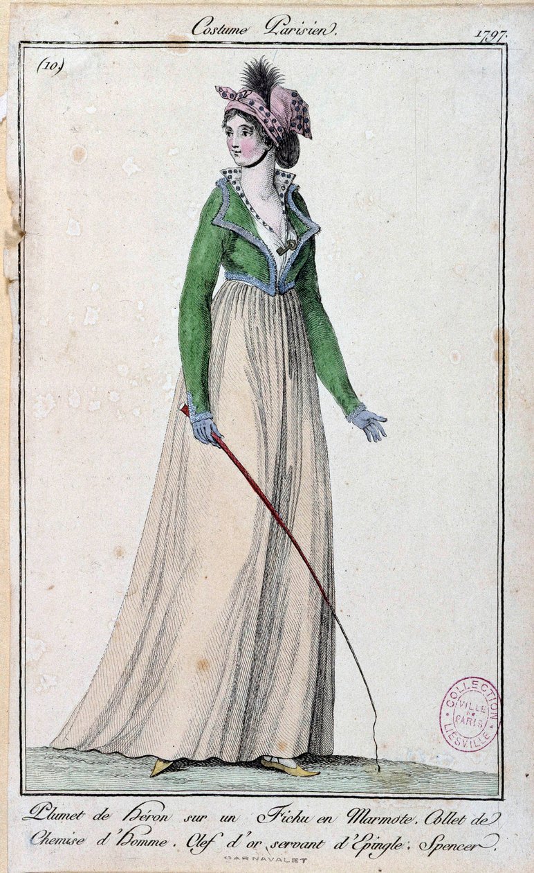 Moda feminina sob o Directoire: uma jovem elegante parisiense vestida com uma pena de garças sobre uma marmota, uma gola de camisa de homem e uma chave dourada servindo de alfinete. 1797 Paris, musee du figurino de French School