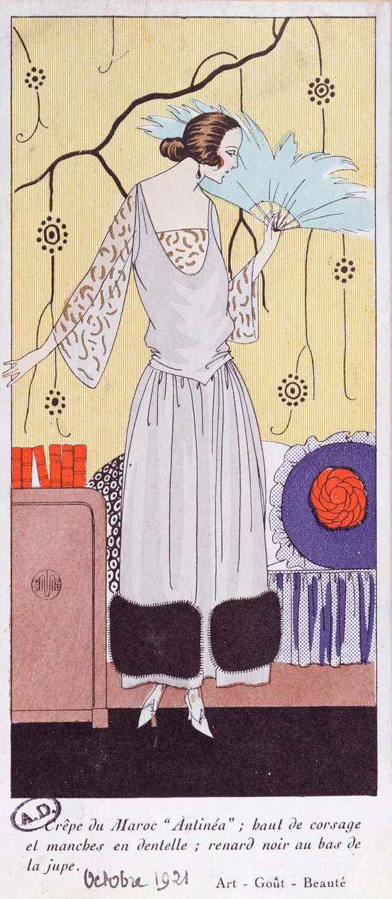 Placa de forma retratando um leque feito de penas, de Art, Gout, Beaute, 1921, (pochoir print) de French School