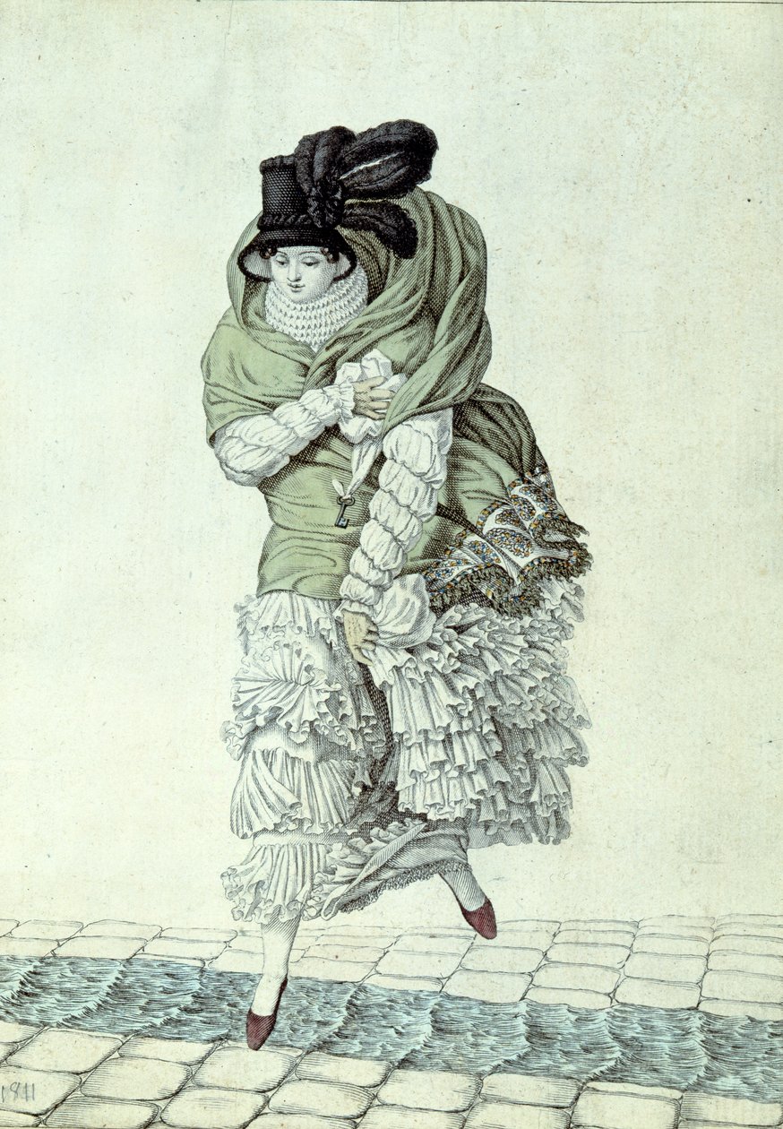 Placa de moda retratando uma senhora atravessar um fluxo de esgoto, 1811 (gravura de cor) de French School