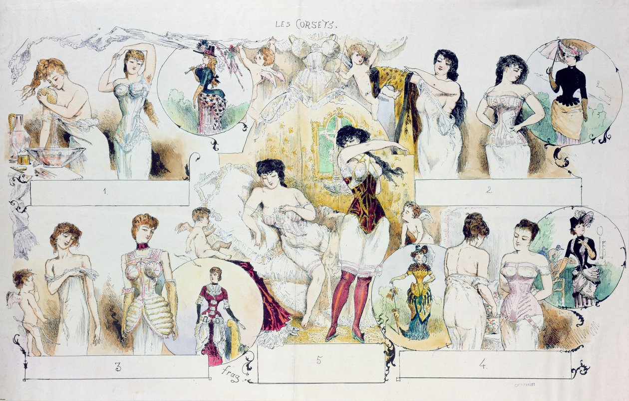 Placa de moda para La Vie Parisienne retratando espartilhos, c.1870 (gravura a cores) de French School