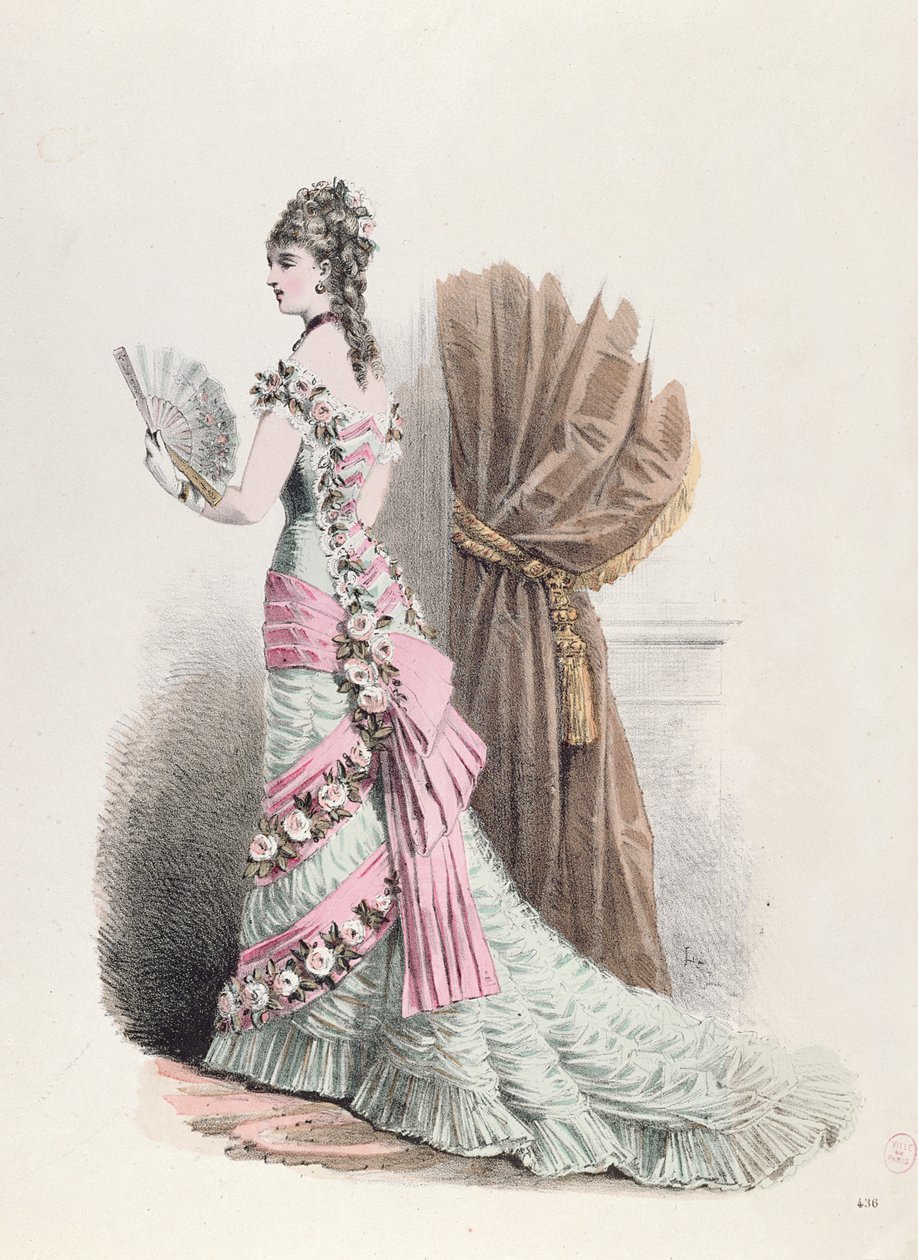 Chapa de moda de uma mulher em vestido de noite e com um ventilador, 1877 (gravura de cor) de French School