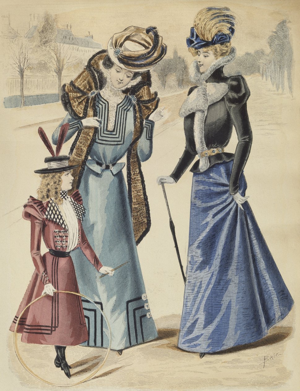 Placa de moda, na avenida, ilustração de La Nouvelle Mode, 1897 (gravura a cores) de French School