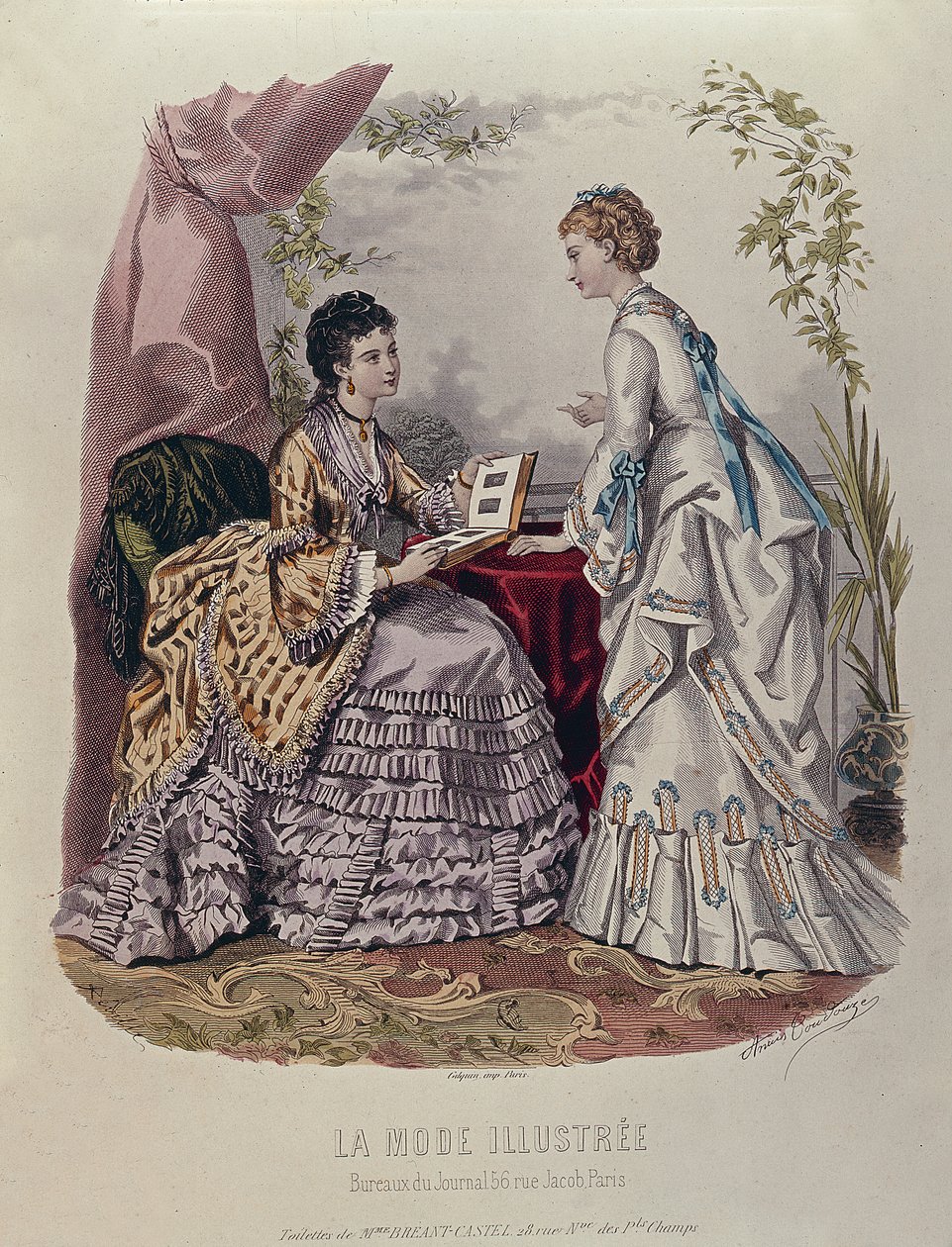 Placa de moda mostrando senhoras em vestidos desenhados por Mme Breant-Castel e olhando para álbuns de fotos, 1872 de French School
