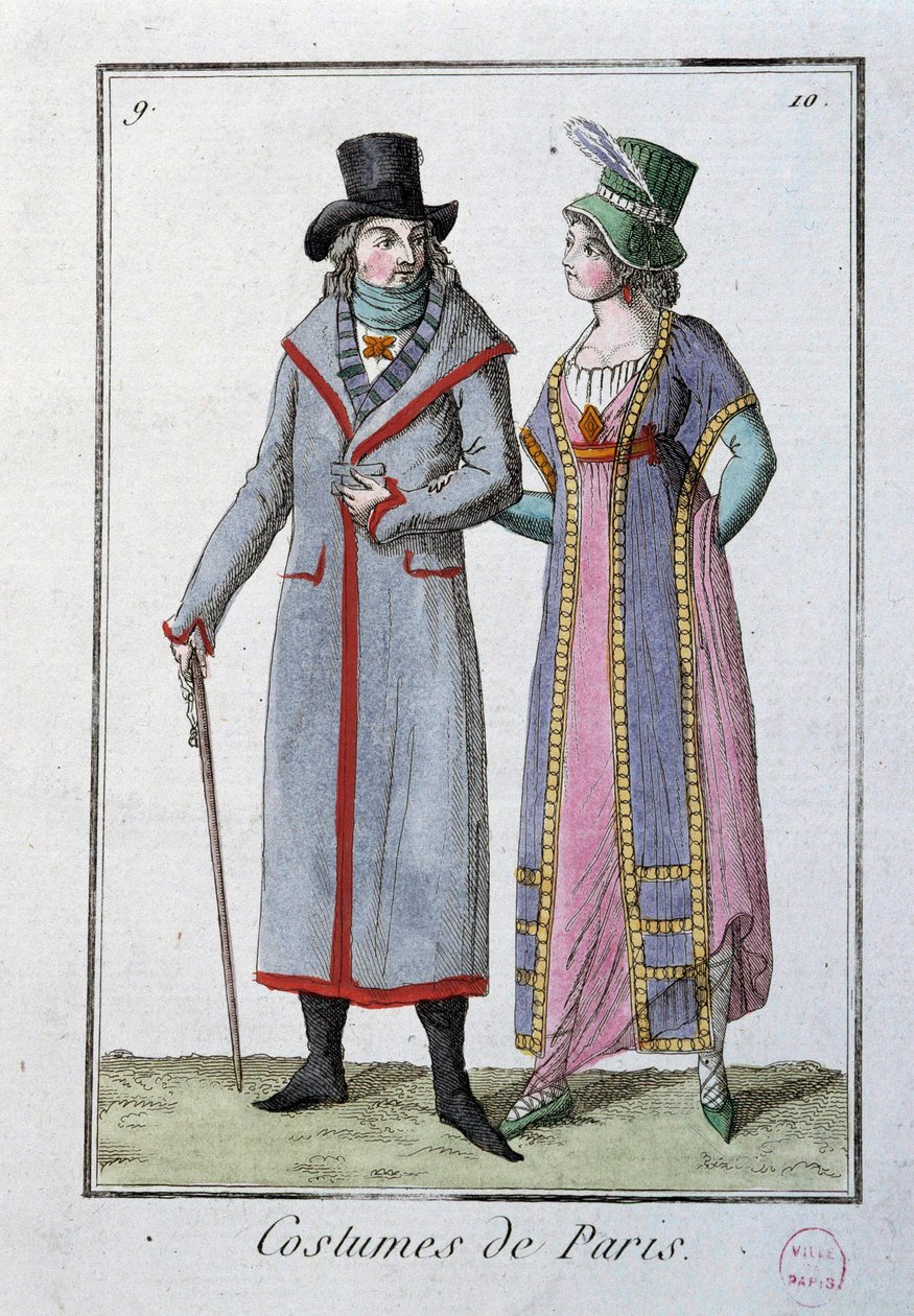 Moda sob o Directoire: um casal de elegantes parisienses. Litografia anónima de 1795. Paris, museu da fantasia de French School