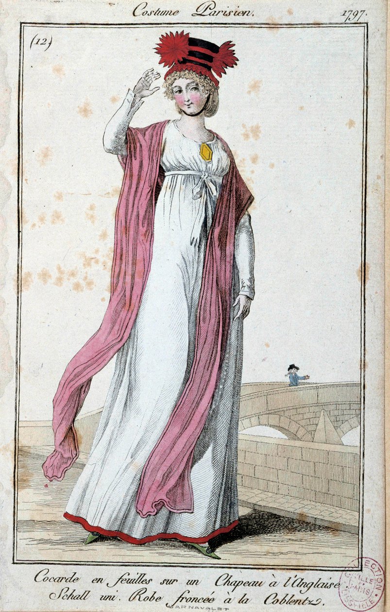 Moda sob o Directoire: jovem elegante vestindo um fato parisiense: cocarde em lençóis sobre chapéu inglês, vestido franzido com coblentz. Gravura anônima. 1797 Paris, Musee du costume de French School