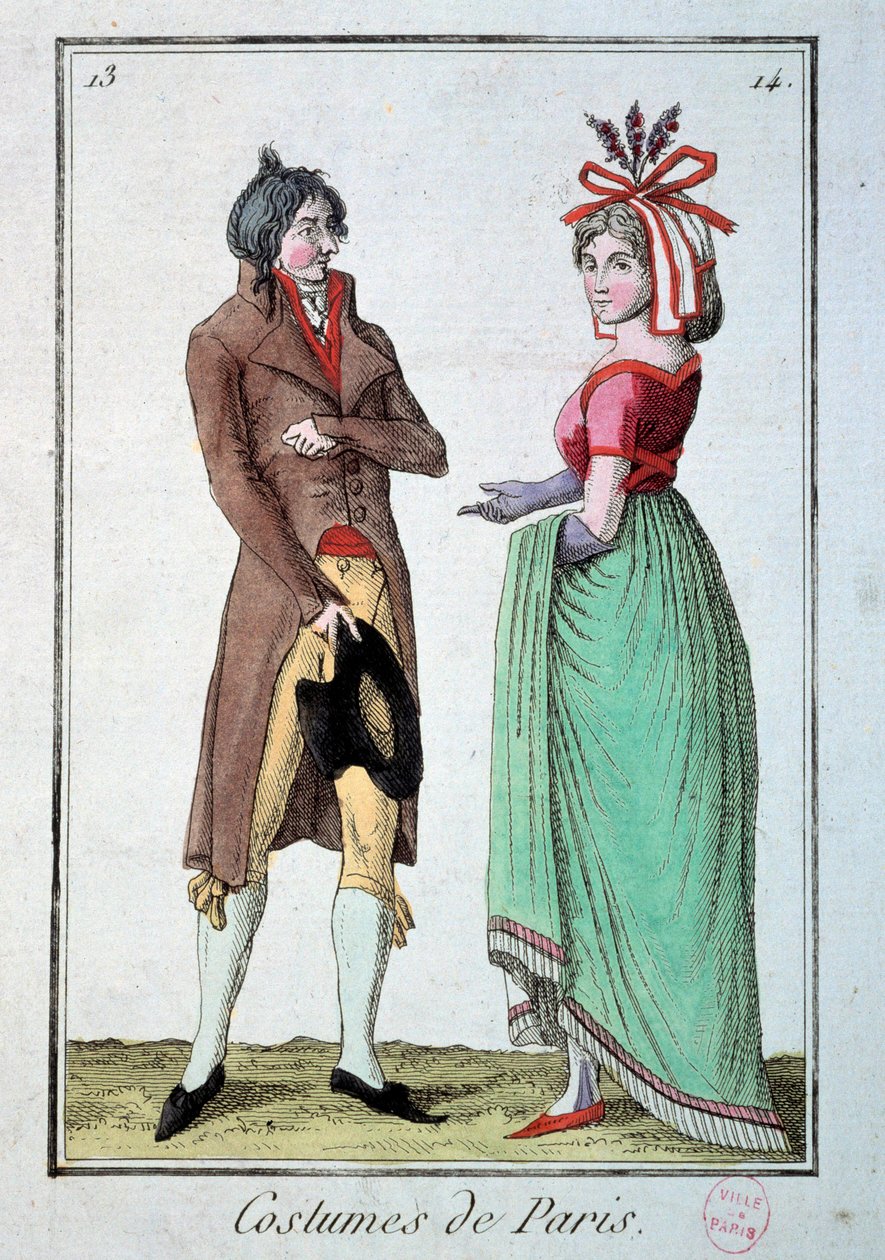 Moda sob o diretório: um casal elegante, a mulher usa um chapéu no jardineiro. Gravura de 1795. Paris, museu do traje de French School