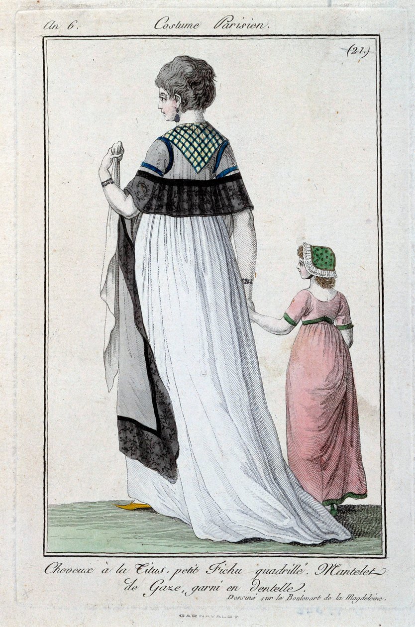 Moda sob o conselho de administração: elegante jovem parisiense usando o Titus, manto de gaze com renda. 1797. Paris, museu de fantasias de French School