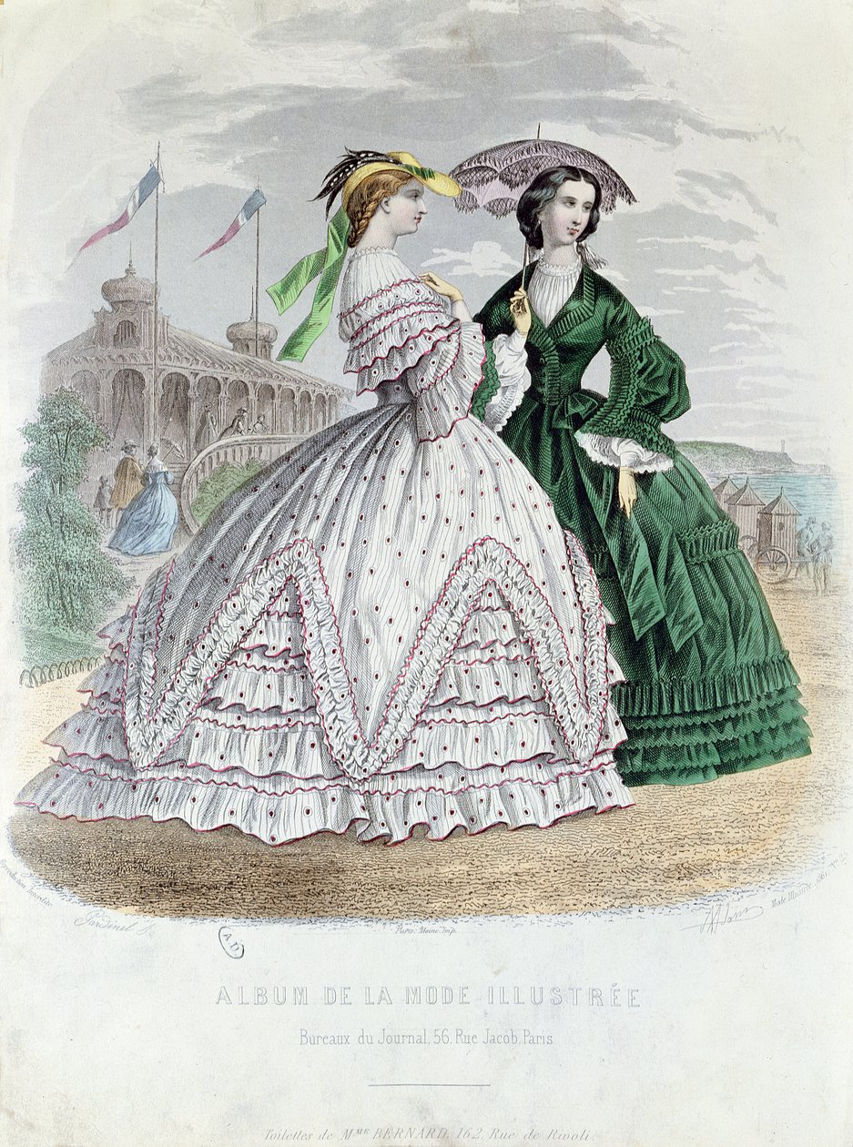 Senhoras parisienses elegantes na beira-mar, 1861 (gravura da cor) de French School