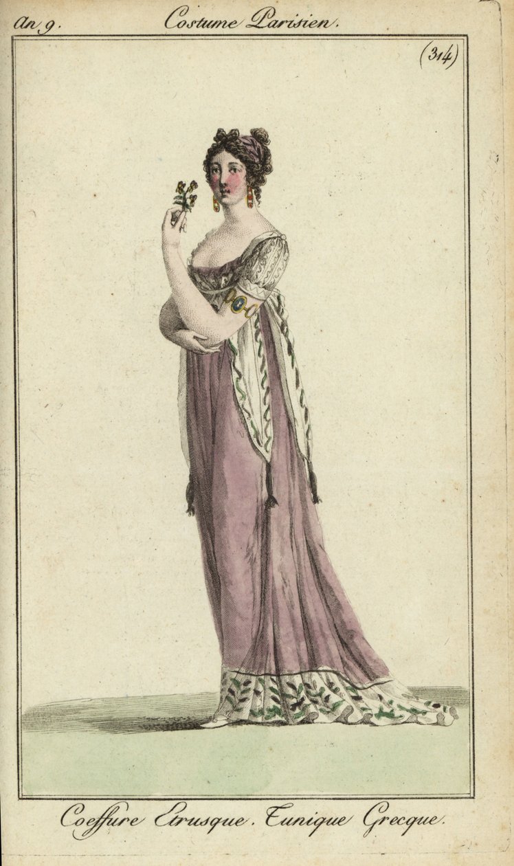 Mulher da moda em penteado etrusco, túnica estilo grego de French School