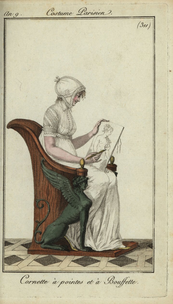 Mulher da moda com chapéu de corneta em uma aula de arte de French School