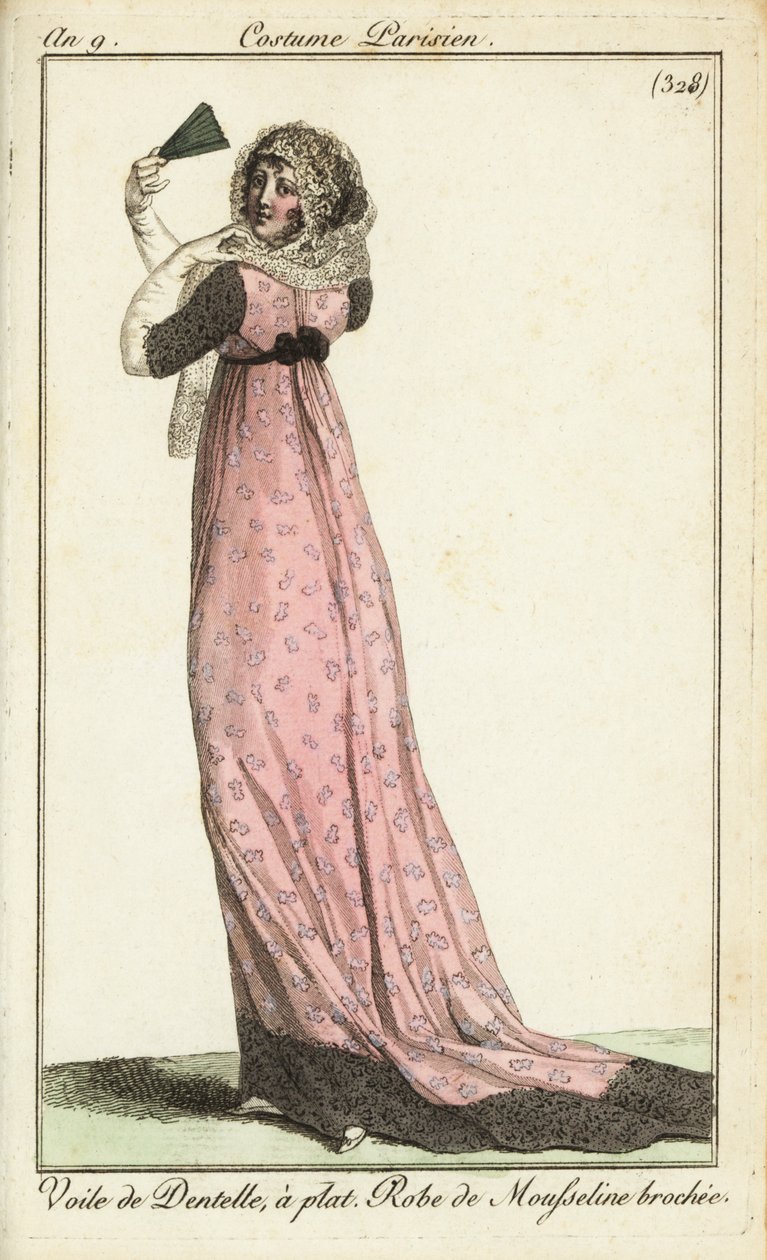 Mulher da moda em véu de renda, vestido de musselina damasco de French School