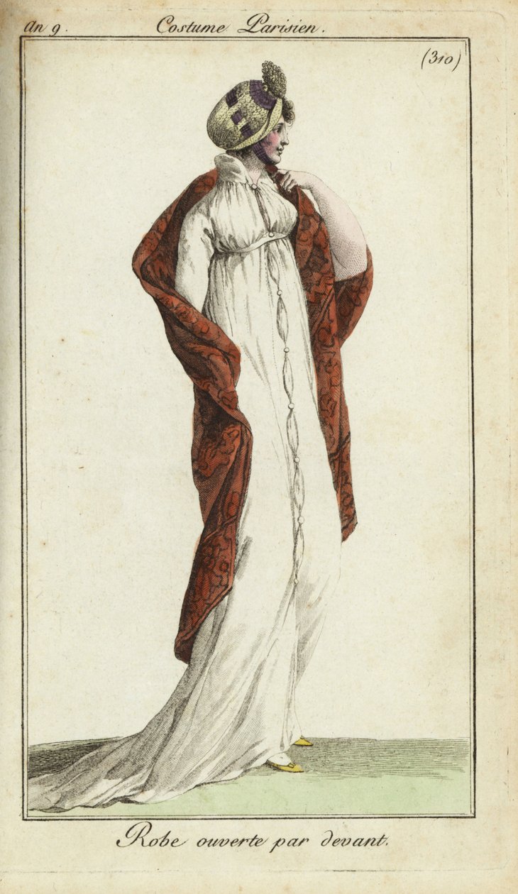Mulher da moda com chapéu de palha, vestido e xaile de French School