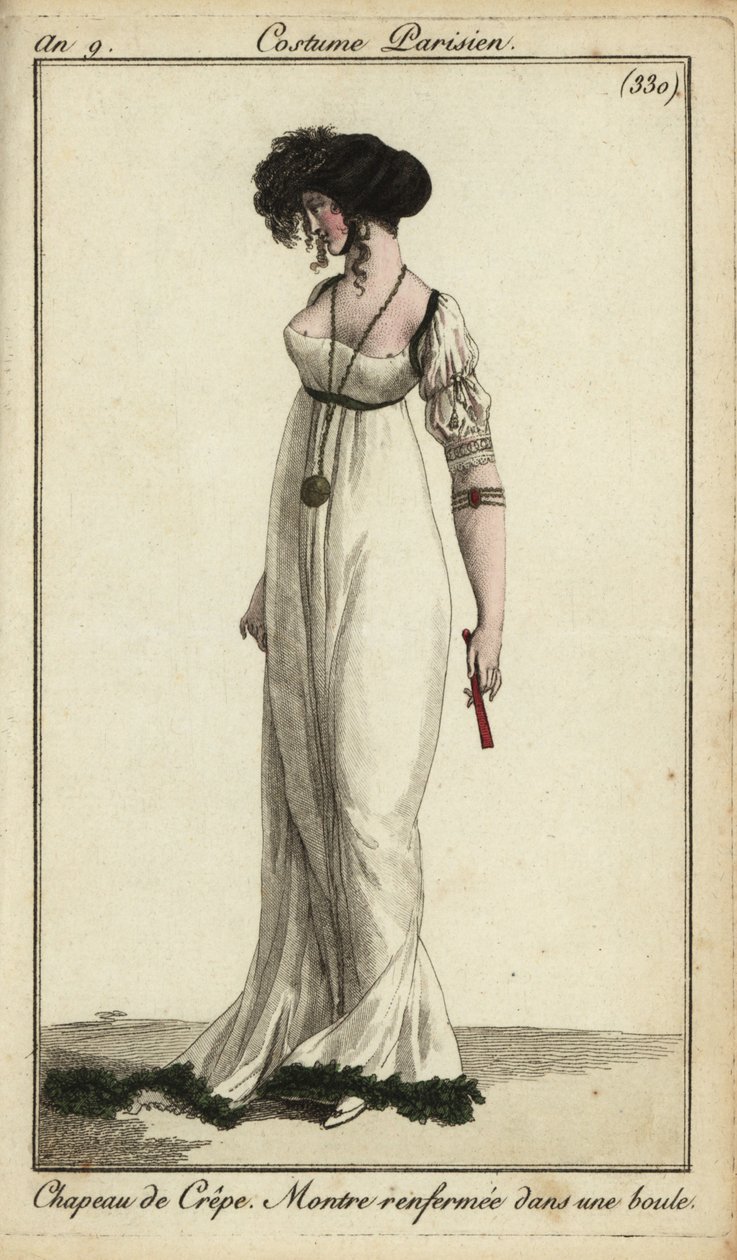 Mulher da moda ou Merveilleuse com chapéu de crepe de French School