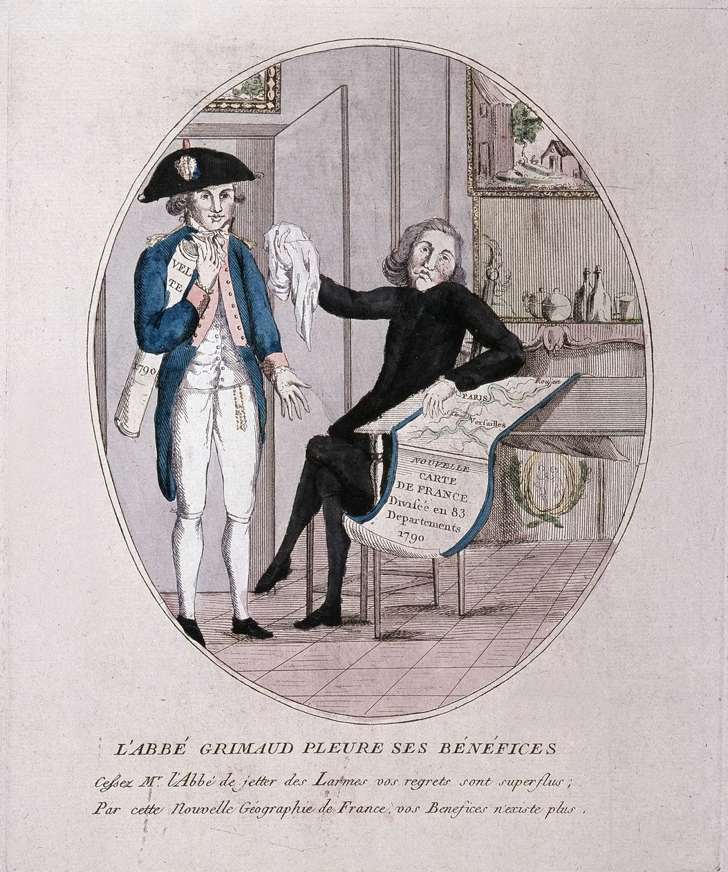 O Padre Grimaud lamenta os seus lucros, um desenho animado da revolução, no final do século XVIII de French School