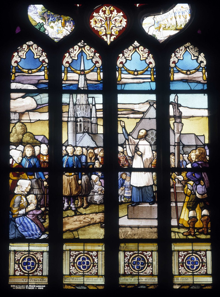 Padre Maunoir pregando em Kerlas a grande missão de 1658 - vitrais da igreja de Saint Germain em Kerlaz de French School
