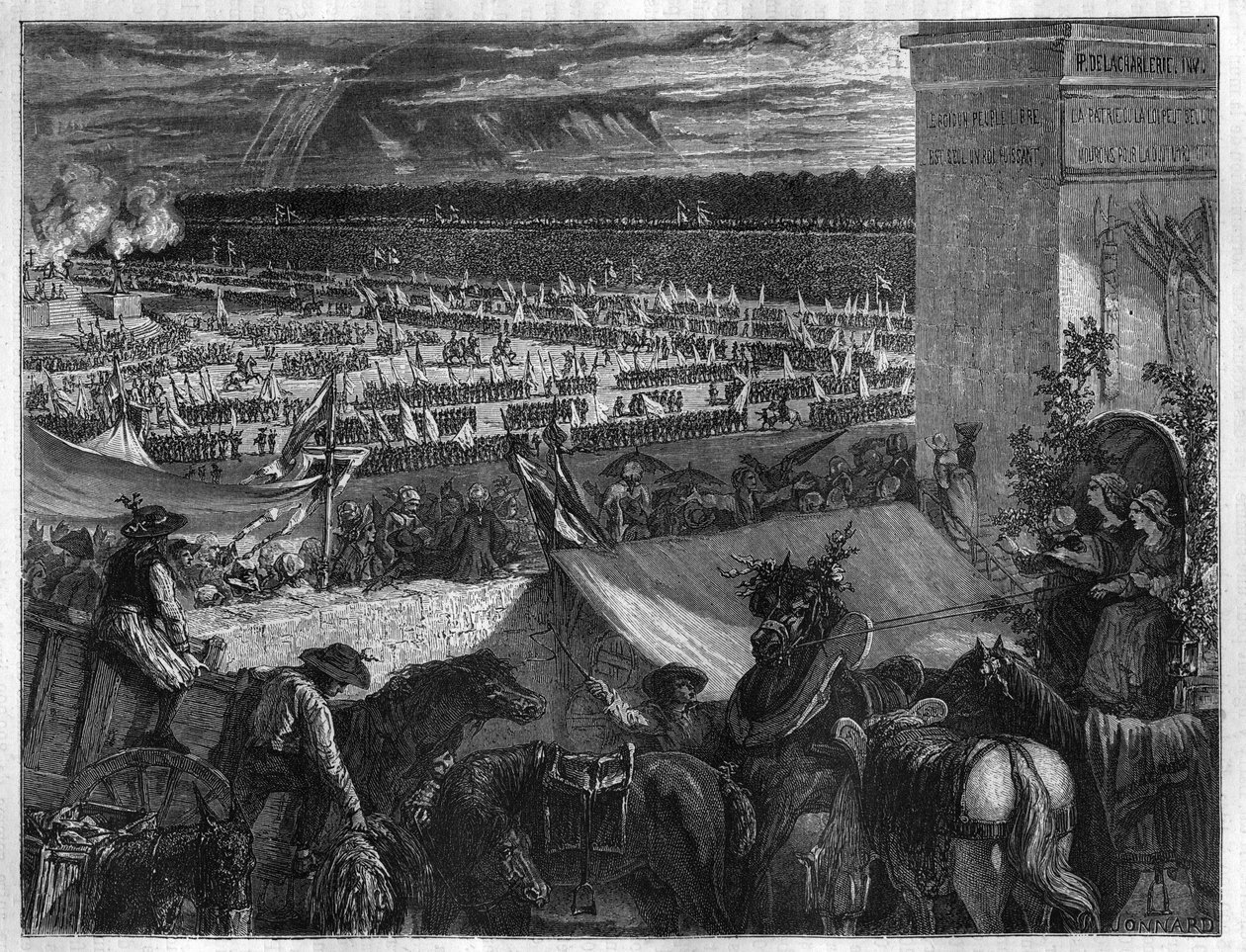 Festa da Federação no Champ de Mars em Paris, no primeiro aniversário da captura da Bastilha, a 14 de Julho de 1790. Gravação no "Histoire des Papes-Rois-Queen and Empereurs a travessa les centuries" de Maurice Lachatre de French School
