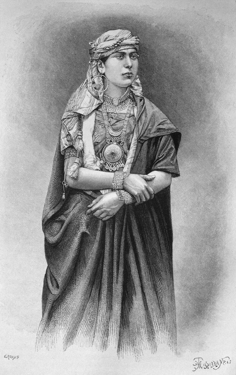 Fellaheen garota usando um vestido cerimonial, da Síria hoje. Viajar para a Fenícia, o Líbano e a Judéia. 1875-1880 de Louis Charles Emile Lortet, 1884 (gravura do bw) de French School