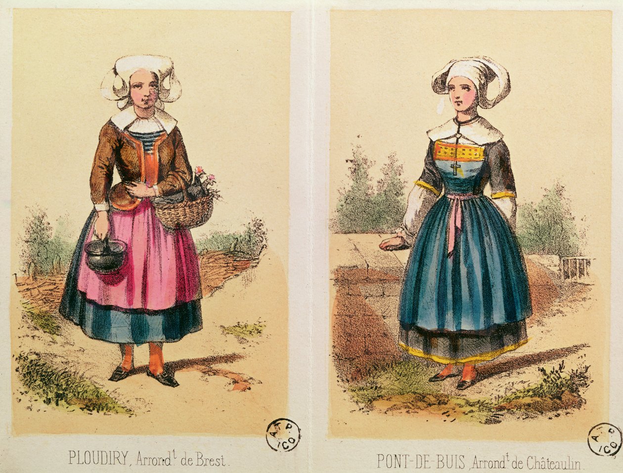 Trajes femininos de Ploudiry e Pont de Buis, de Les Costumes Bretons de Sorrieu de French School