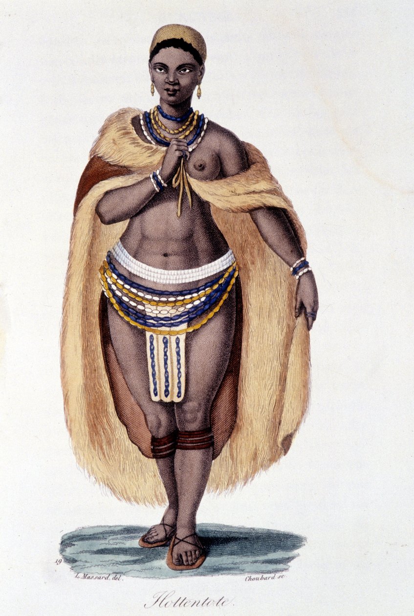 Femme Hottentote (Vénus Hottentote) em traje tradicional - in "Bibliotheque universelle des voyages" de Albert Montémont, ed. Armand Aubrée de French School