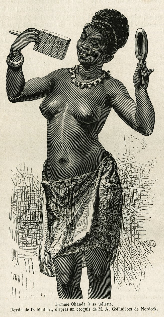 Femme Okanda tem seu banheiro, desenhado por D.Maillard, para ilustrar a história de uma viagem ao Gabão e ao Rio Ogoue, em 1875-1877, por Alfred Marche. Gravura em Le tour du monde de French School