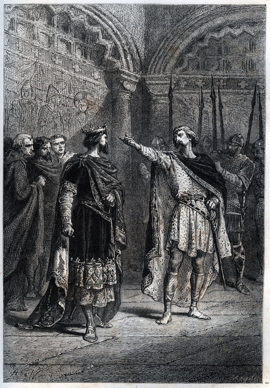 Regime feodal: "Quem te fez rei? "Audebert (Adalbert), Conde de Perigord (968-995), responde insolentemente ao Rei Hugues Capet (938-996) que lhe perguntou quem o fez contar - Gravura de pneu do "Histoire de France" de Guizot de French School