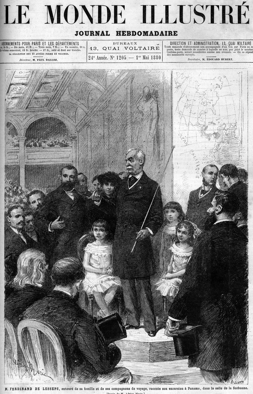 Ferdinand de Lesseps está rodeado pela sua família e companheiros de viagem, contando a sua viagem ao Panamá na Salle de la Sorbonne. Capa do "Mundo Ilustrado" de 1880. de French School