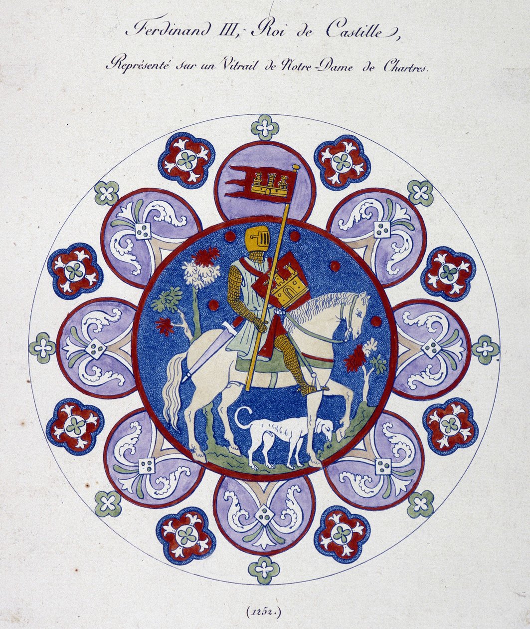 Fernand III, Rei de Castela, representa sobre um vitral de Notre Dame de Chartres (1252). Símil do Colégio. de French School