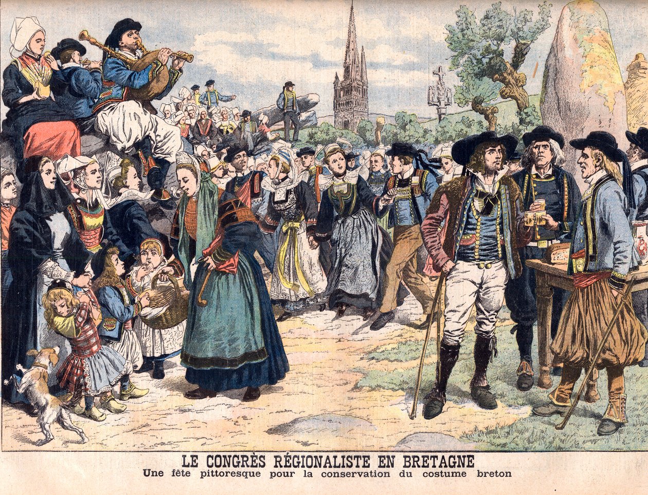 Festival para a conservação do traje tradicional bretão. O Congresso Regional na Bretanha. Uma celebração pitoresca para a preservação do traje bretão. Ilustração para o Le petit Journal de French School