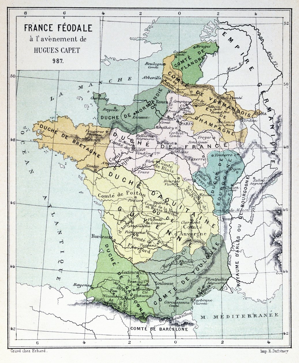 França feudal na época da adesão de Hugues Capet em 987, mapa ilustrado em uma Histoire de France c.1880 de French School