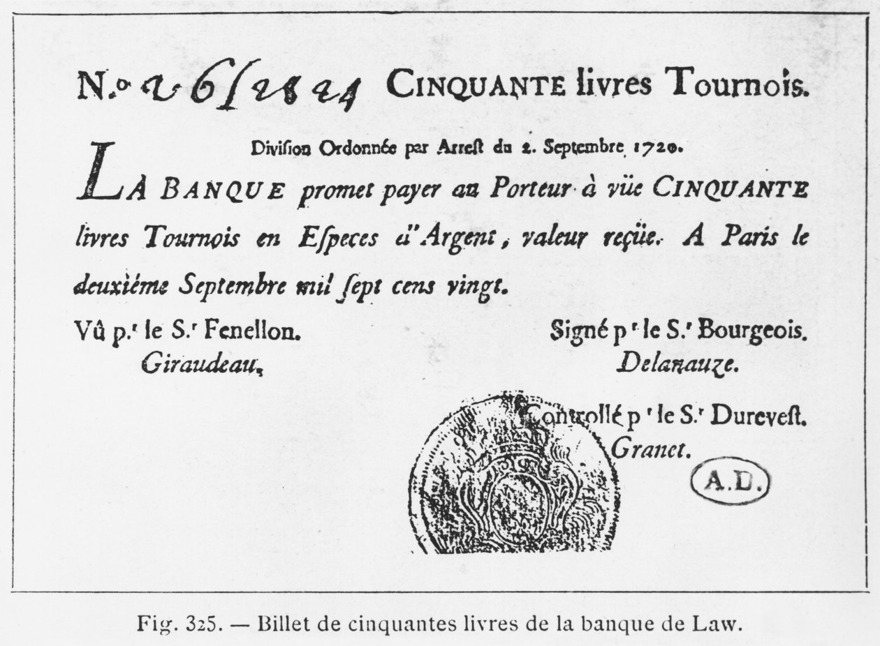 Cédula francesa de cinquenta libras do Banco da Lei, datada de 2 de setembro de 1720 de French School