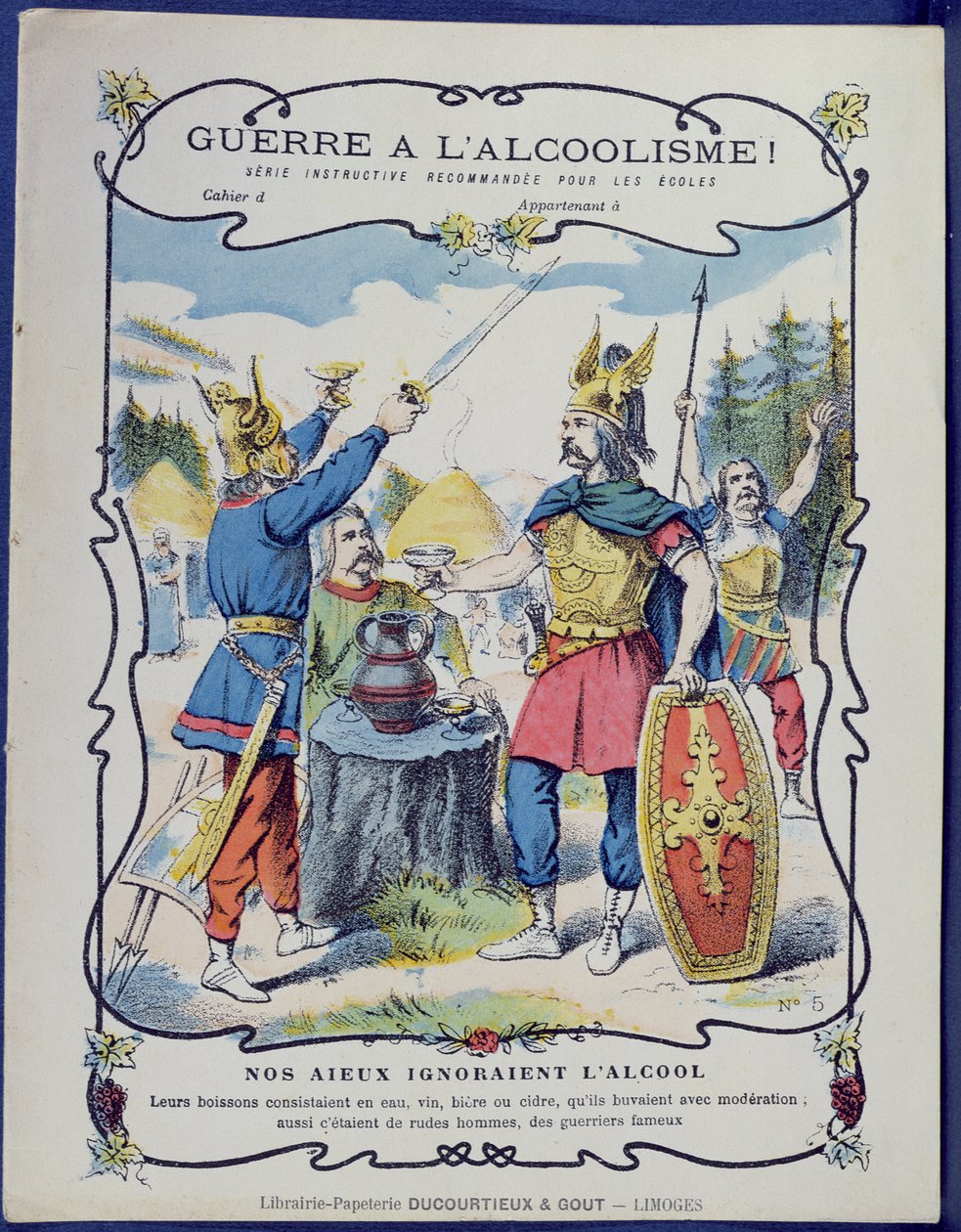 Luta contra o alcoolismo !, uma ilustração de guerreiros gaulesos de uma capa protetora para livros escolares, final do século XIX de French School