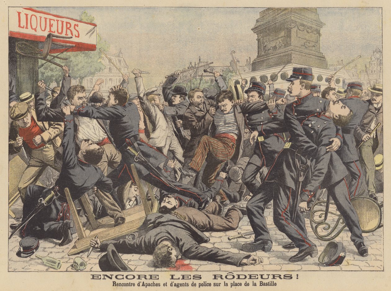 Combate entre os Apaches e a polícia na Praça da Bastilha em Paris (litografia a cores) de French School
