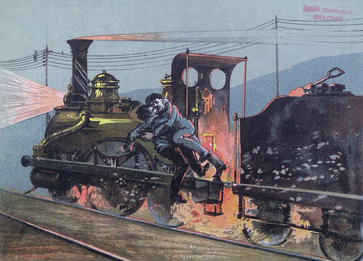 Luta entre Jacques Lantier (1840-70) e Pecqueux no trem, The Lison, cena da besta humana por Emila Zola (1840-1902) ilustração do Le Petit Rouennais de French School