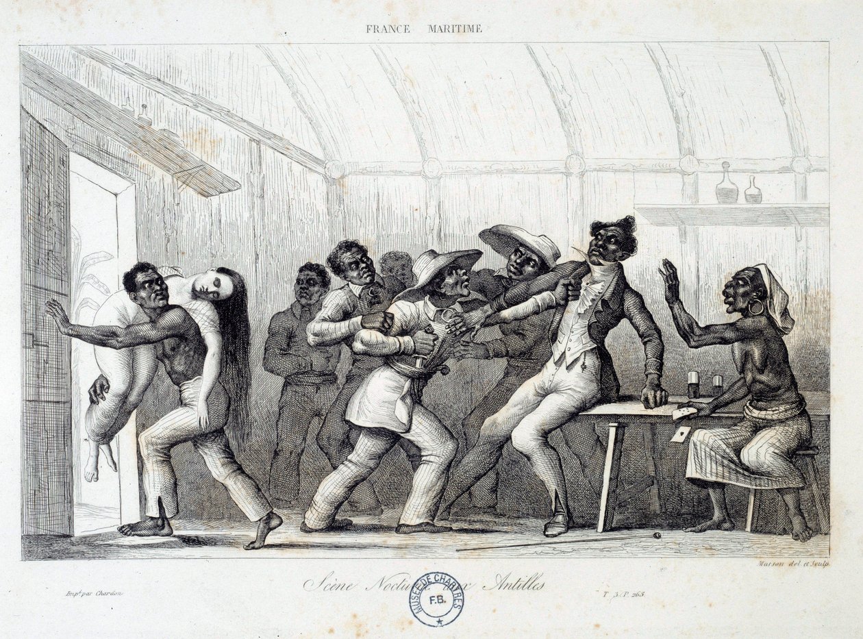 Lutando em uma taberna nas Índias Ocidentais, uma jovem mulher branca é raptada por ladrões. Gravura do século XIX. Chartres, Museu de Belas Artes de French School