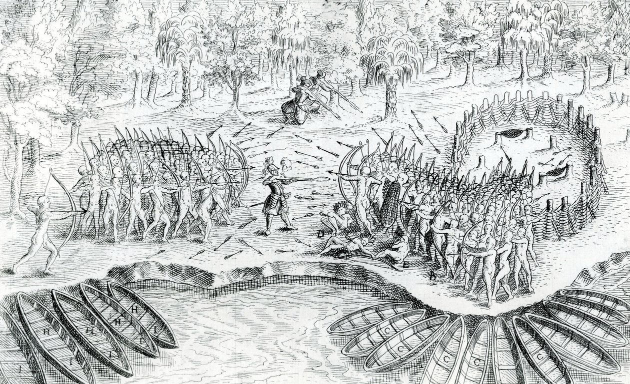 Luta de Hurons, de Voyage de Champlain em 1624 por Samuel de Champlain, 1567-1635 de French School