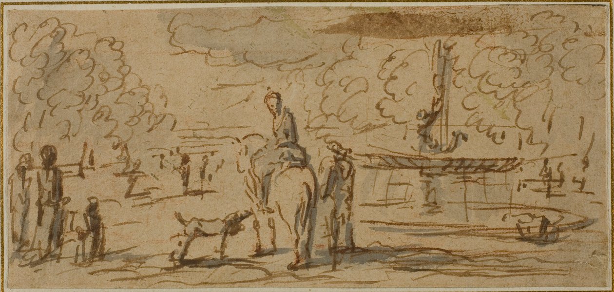 Figuras andando e a cavalo em um parque de French School
