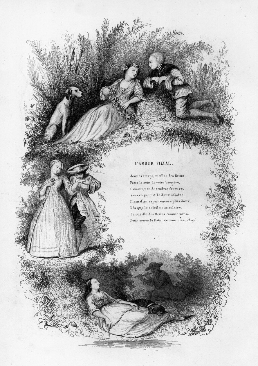 Amor filial. Um jovem sedutor, três jovens mulheres no campo. Gravação em "Chants et chansons populaire de la France", Tomo 2 de French School