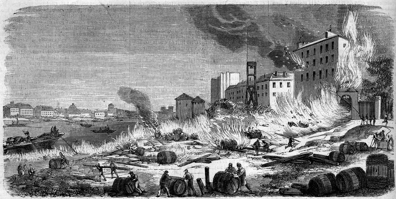 Incêndio dos armazéns de vinho Bercy a 5 de Agosto de 1860. Gravura em "Le Monde Illustré" n°174 de 11 de Agosto de 1860. de French School