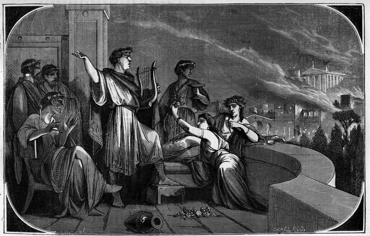 Fogo de Roma por Neron. Entre 18 e 24 de julho de 64 a cidade de Roma foi devastada por um grande incêndio alegadamente causado pelo Imperador Nero para acusar e perseguir os cristãos. Gravando no "Histoire des Papes-Rois-Queen and Empereurs a travessa les de French School