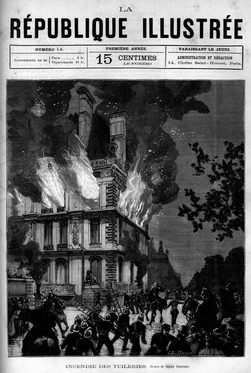 Fogo do Pavilhão Flore nas Tuileries em Paris. Um jornal. Gravura de 1880 em "La republique illustree" coleção privada. de French School