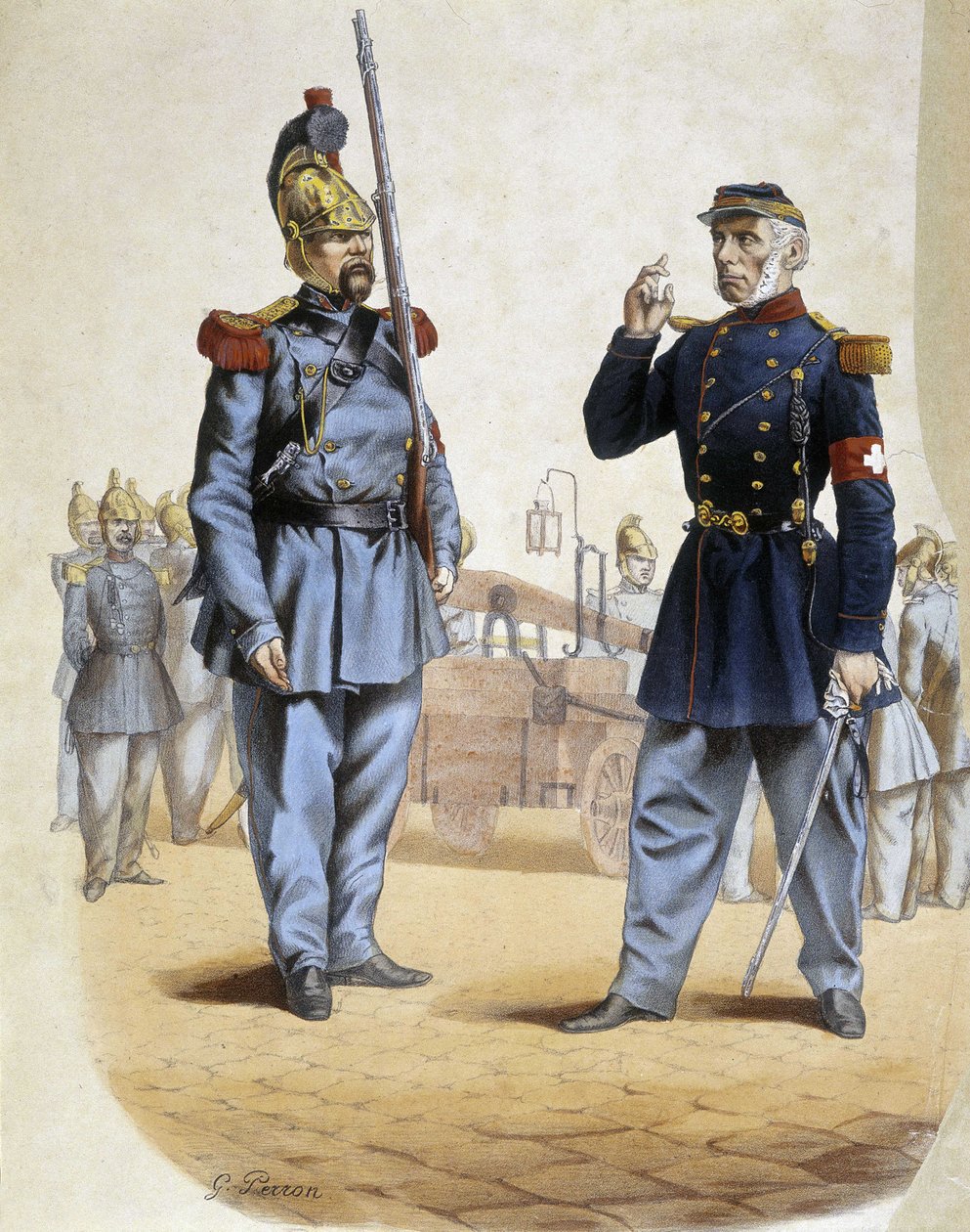 Bombeiros em 1860 - desenho de Perron, Arts Deco de French School