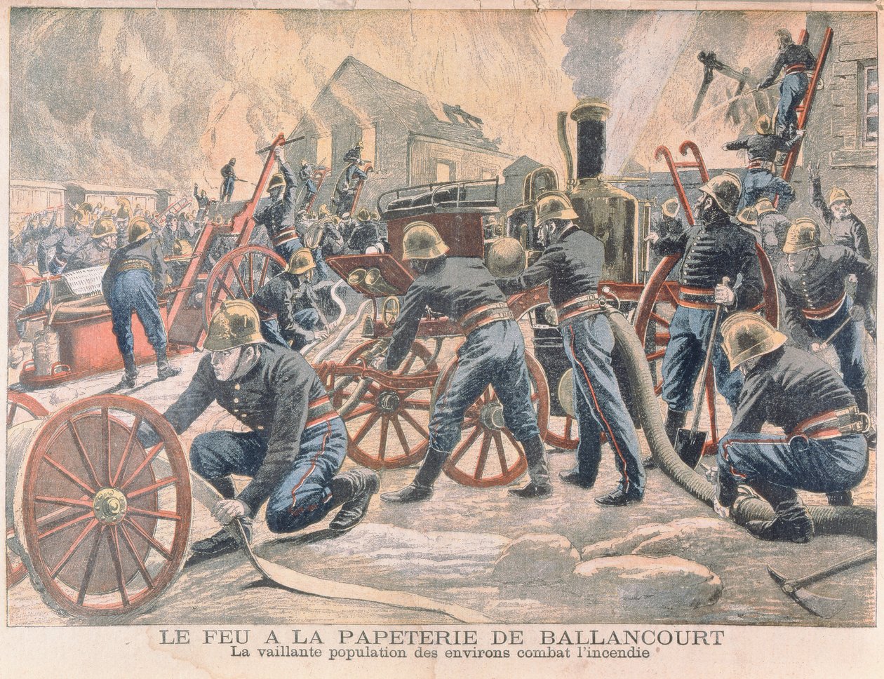 Bombeiros combatendo um incêndio em uma fábrica de papel em Ballancourt, do Le Petit Journal, 1905 de French School