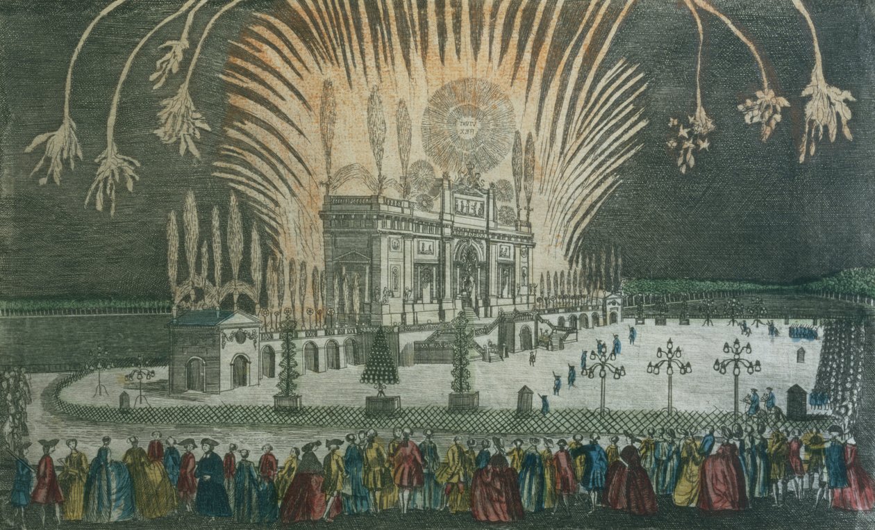 Fogos de artifício no Green Park para celebrar a assinatura do Tratado de Paris em 1763 de French School