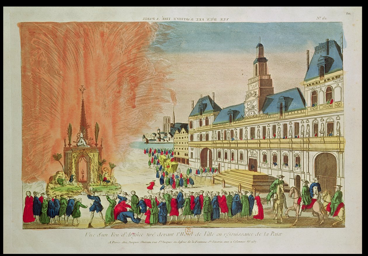 Fogos de artifício em frente ao Hotel de Ville em Paris, celebrando a paz de Versalhes, 1783 de French School