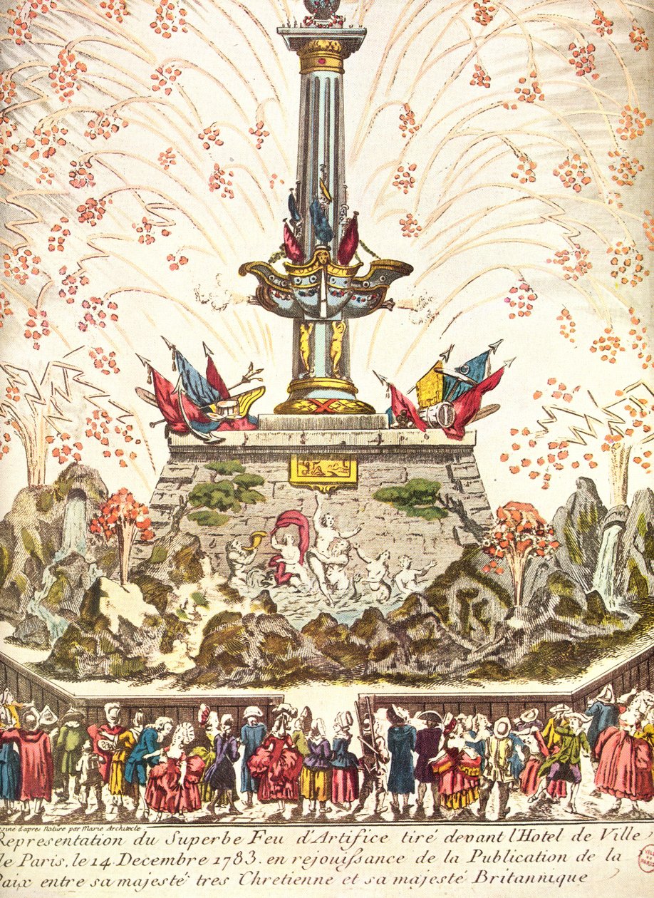 Fogos de artifício em frente ao Hotel de Ville em Paris celebrando a paz de Versalhes, 14 de dezembro de 1783 de French School