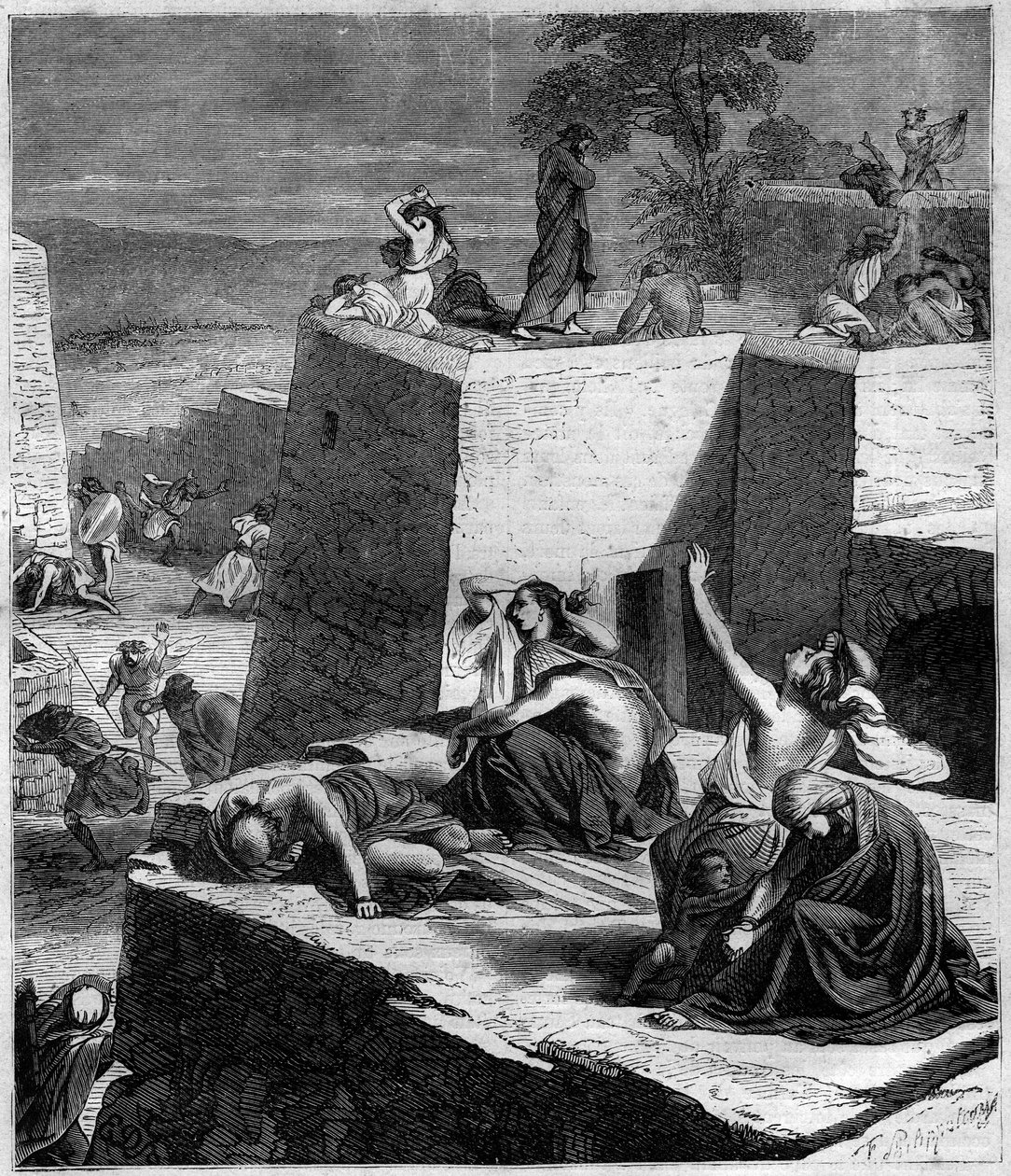 Primeira Cruzada (1096-1099): As Cruzadas alemãs esmagam os húngaros e põem as cidades em chamas. Gravação em "Histoire des Papes-Rois-Queen and Empereurs a travessa les centuries" por Maurice Lachatre de French School