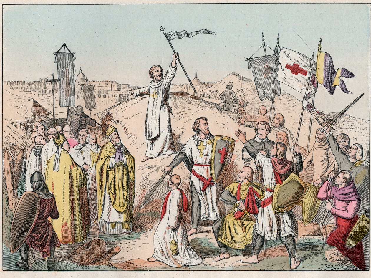 Primeira Cruzada: o cerco e a captura de Jerusalém pelos crois liderados por Godefroy de Bouillon (1058-1100) em 1099 - Godfrey de Bouillon no Cerco de Jerusalém - Gravura do final do século XIX em "Nos Gires Nationales - Imagens e de French School
