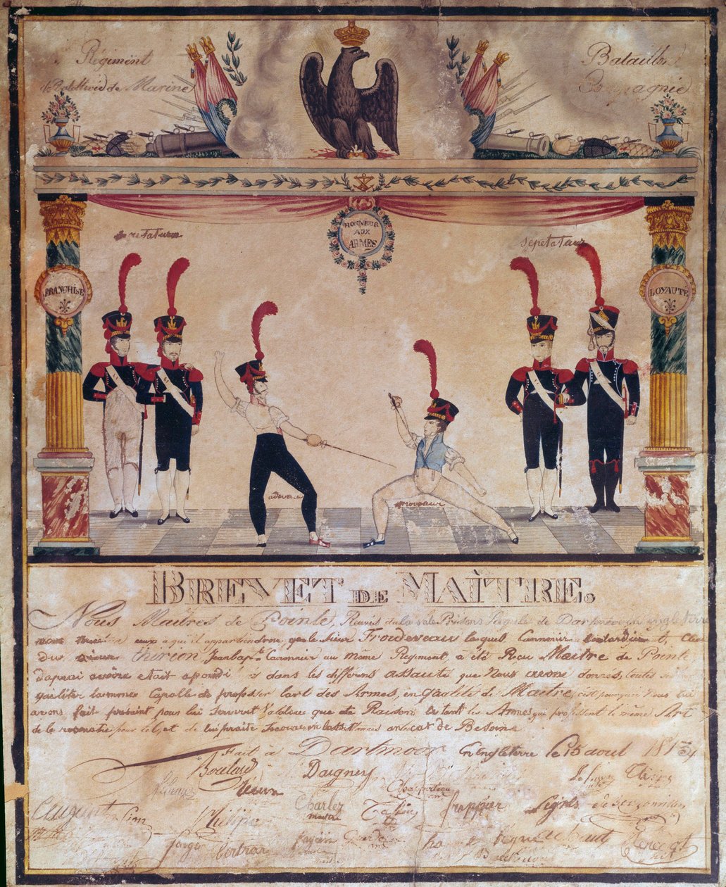 Primeiro Império: Certificado de Mestre de Armas, em 1813. Diploma de esgrima, Paris, Musee de l