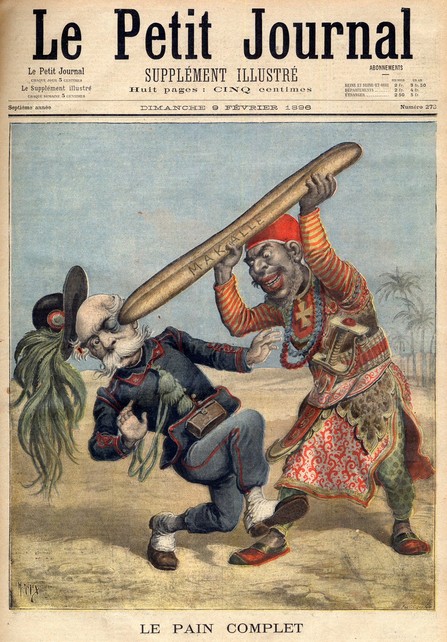 Primeira Guerra Ítalo-Etiópia - Caricatura de Francesco Crispi (1818-1901) e a derrota do exército invasor italiano no cerco de Makalle, Etiópia - no "Le Petit Journal" de 09/02/1896 (gravura) de French School